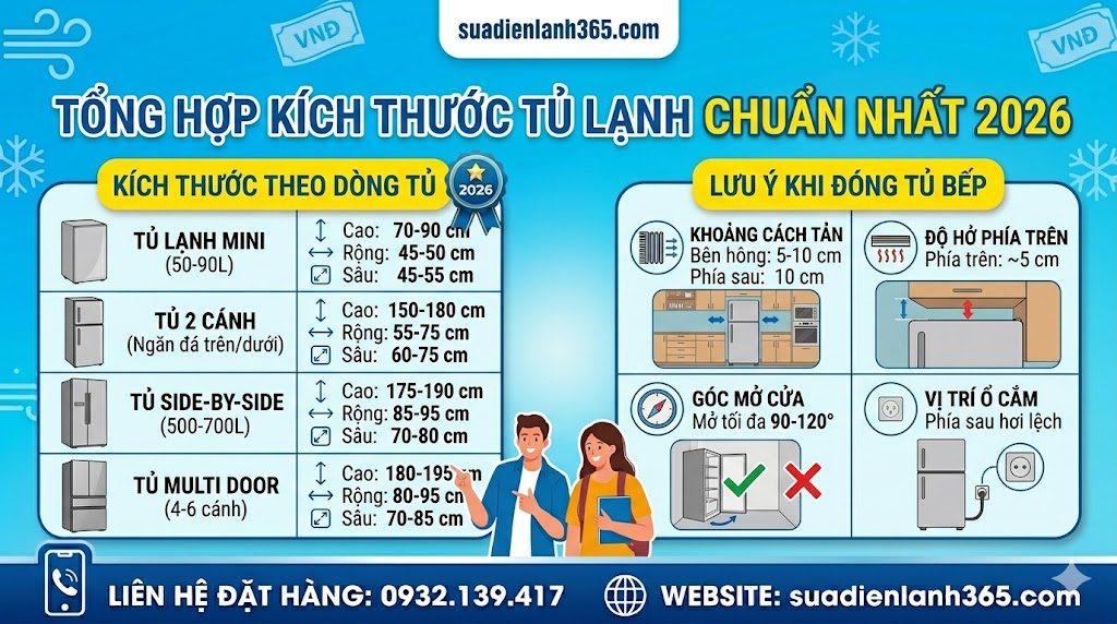 Tổng Hợp Kích Thước Tủ Lạnh Chuẩn Nhất 2026 Lưu Ý Khi Đóng Tủ Bếp